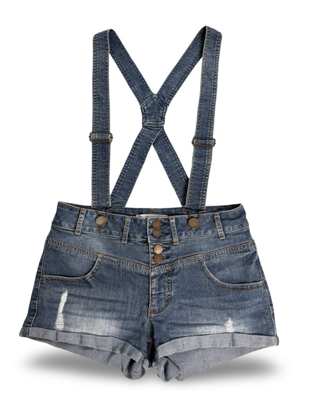 No Boundaries Denim Suspender Shortalls Womens S 3-5 Cuffed Y2K Festival Boho